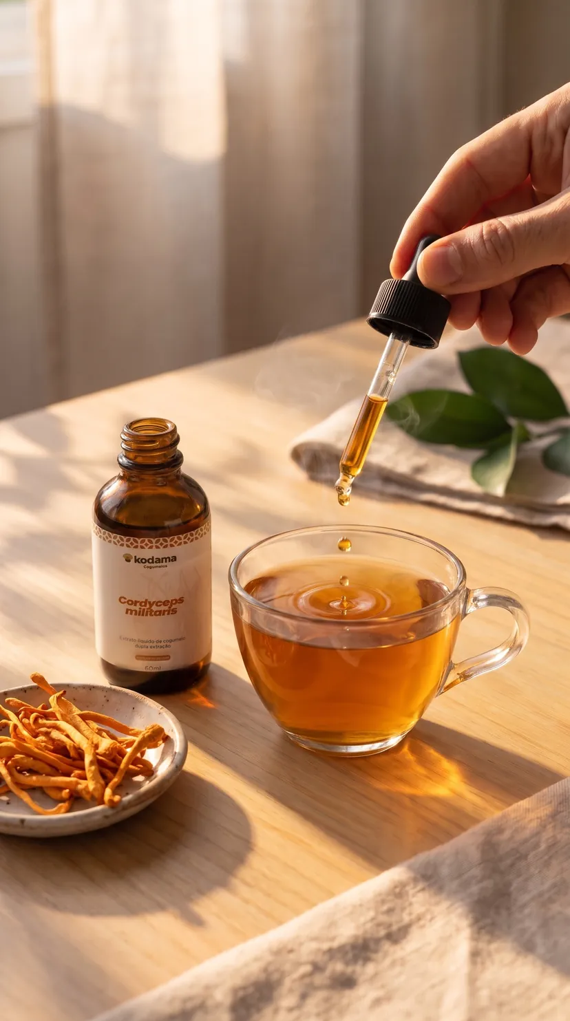 Gota do extrato de Cordyceps caindo numa xícara de chá